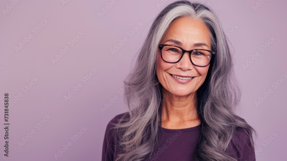 A smiling woman with gray hair wearing glasses and a purple top against a soft purple background. A smiling woman with gray hair wearing glasses and a purple top against a soft purple background.
