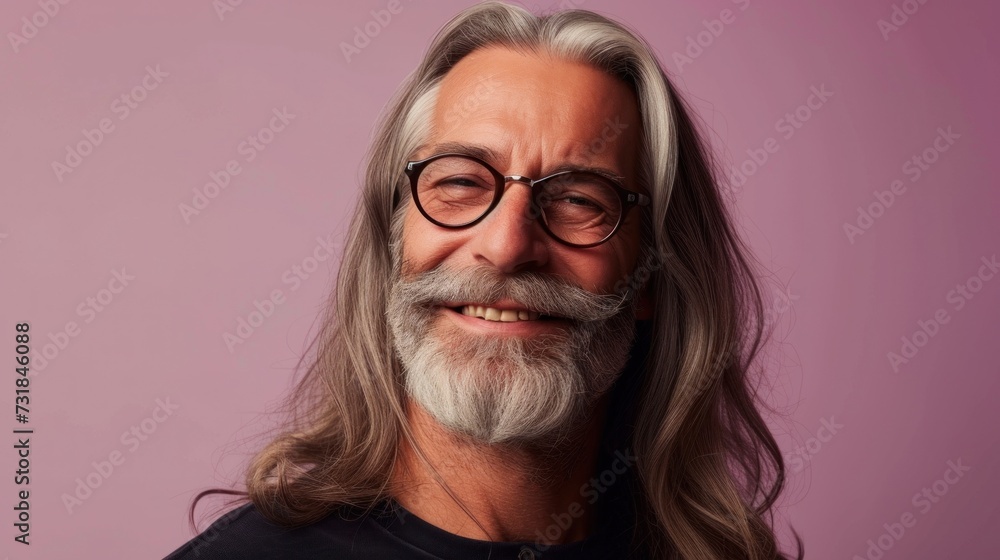 A man with long gray hair a mustache and glasses smiling against a pink background. A man with long gray hair a mustache and glasses smiling against a pink background.