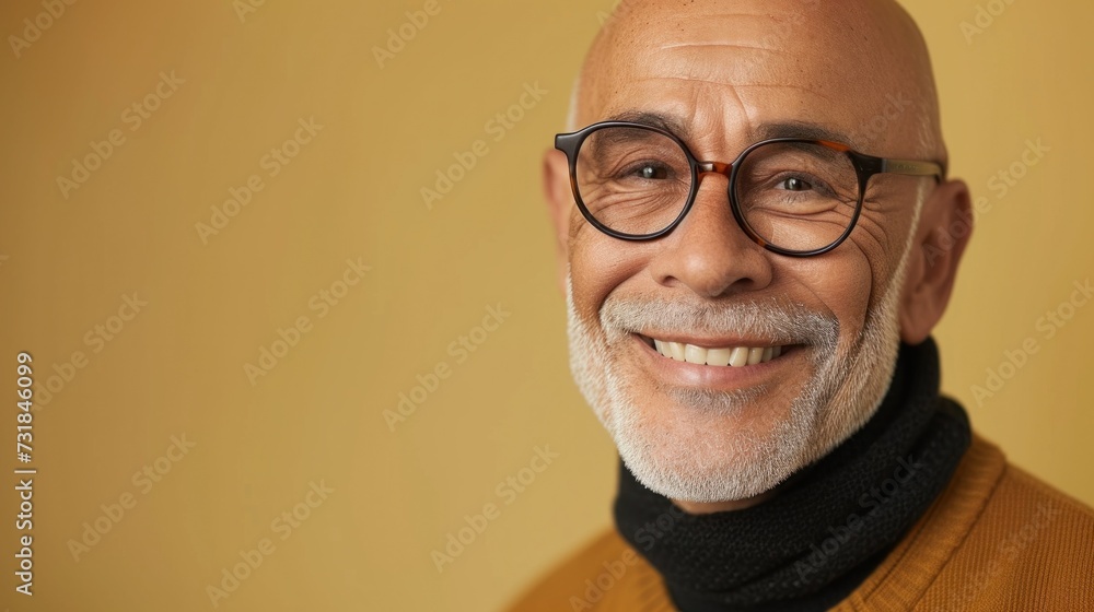 Smiling man with glasses and white beard wearing a black turtleneck and a yellow shirt. Smiling man with glasses and white beard wearing a black turtleneck and a yellow shirt.