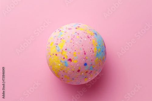 A single colorful bath bomb against pink background. Flat lay, top view