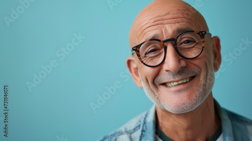 Bald man with glasses smiling wearing blue denim shirt against light blue background.