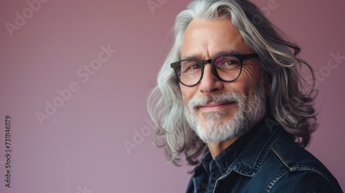 Gray-haired man with glasses beard and mustache wearing a denim shirt smiling against a pink background.