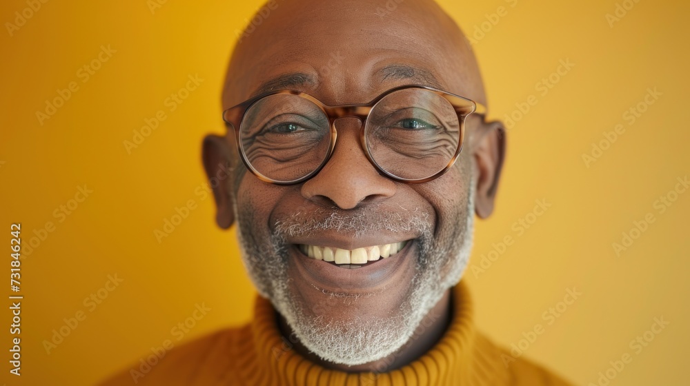 Smiling man with glasses and white beard against yellow background. Smiling man with glasses and white beard against yellow background.