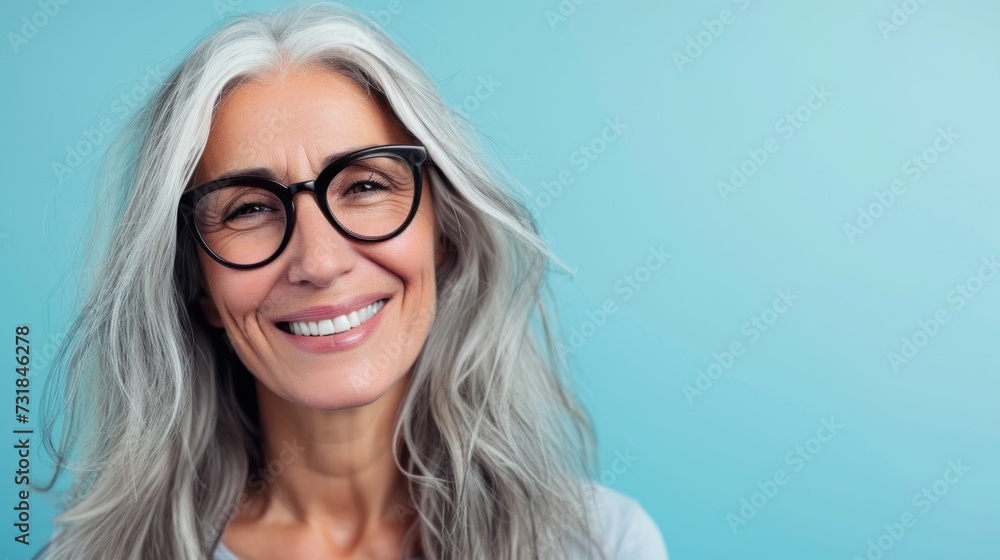 Smiling woman with gray hair and black glasses against blue background.