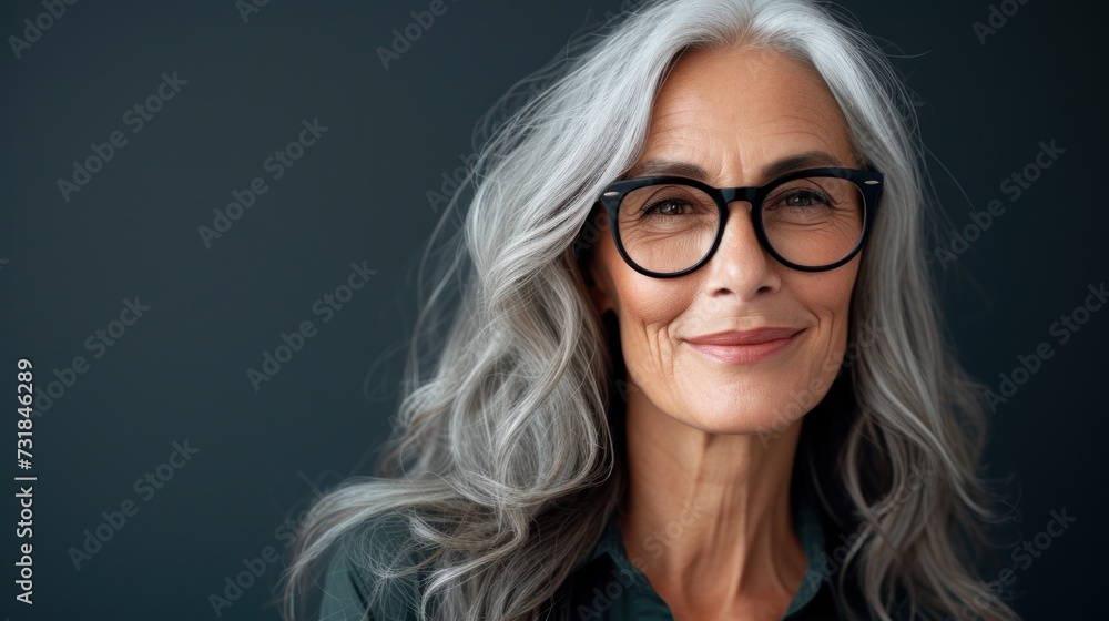 A woman with gray hair wearing black glasses smiling with a gentle expression set against a dark background. A woman with gray hair wearing black glasses smiling with a gentle expression set against a dark background.