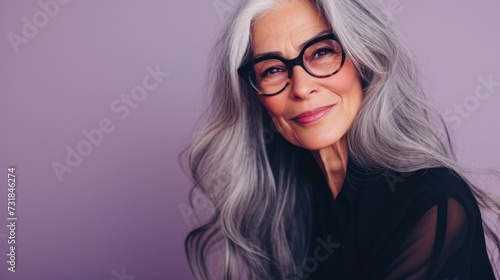 Gray-haired woman with glasses smiling wearing black top against purple background. © iuricazac