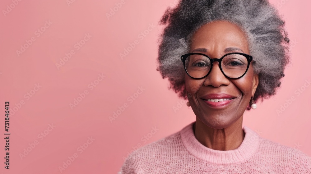 Smiling elderly woman with gray hair wearing glasses and a pink sweater against a pink background. Smiling elderly woman with gray hair wearing glasses and a pink sweater against a pink background.