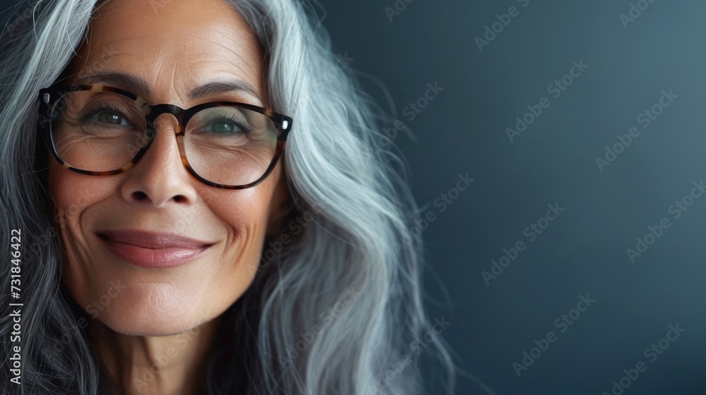 Woman with gray hair wearing glasses smiling against a blurred background. Woman with gray hair wearing glasses smiling against a blurred background.