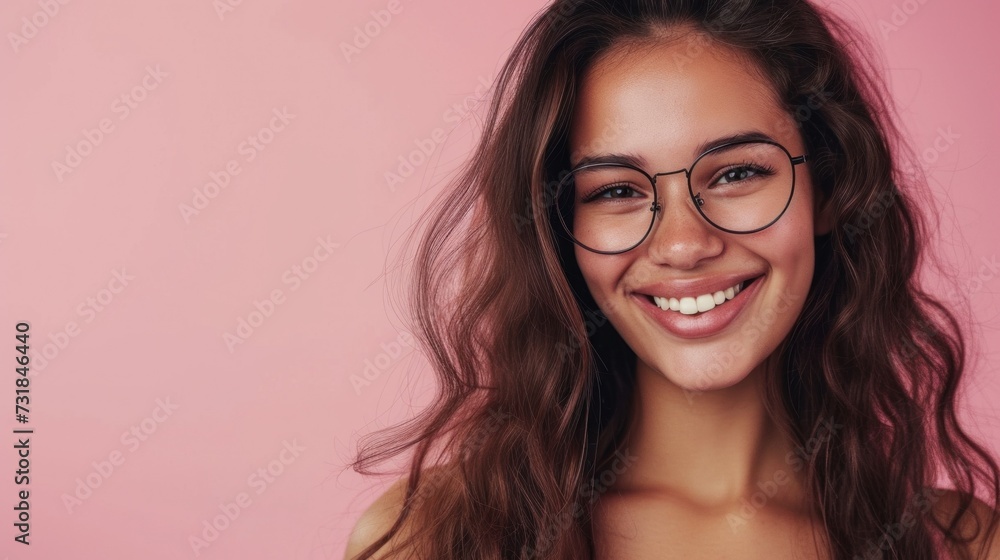 Smiling woman with glasses and long brown hair against pink background. Smiling woman with glasses and long brown hair against pink background.