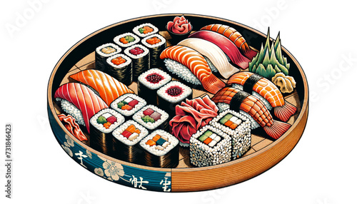 an Ukiyo-e style illustration of a sushi plate