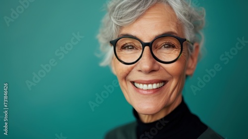 Smiling woman with gray hair and black glasses wearing a black turtleneck against a teal background.