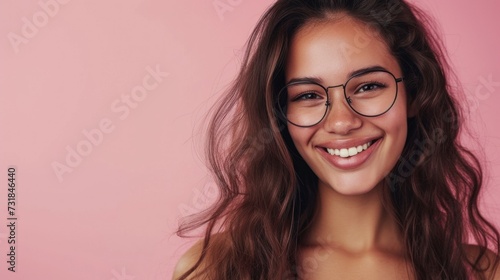 Smiling woman with glasses and long brown hair against pink background.