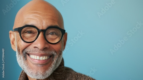 Fotografie, Obraz Bald man with white beard and mustache wearing black glasses smiling against blue background