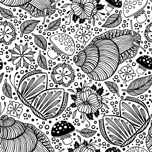 Wallpaper Mural Black and White Hand Drawn Snails Leaves and Flowers. Vector Seamless Pattern Torontodigital.ca