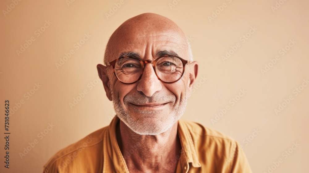 A bald man with glasses smiling wearing a yellow shirt against a beige background. A bald man with glasses smiling wearing a yellow shirt against a beige background.