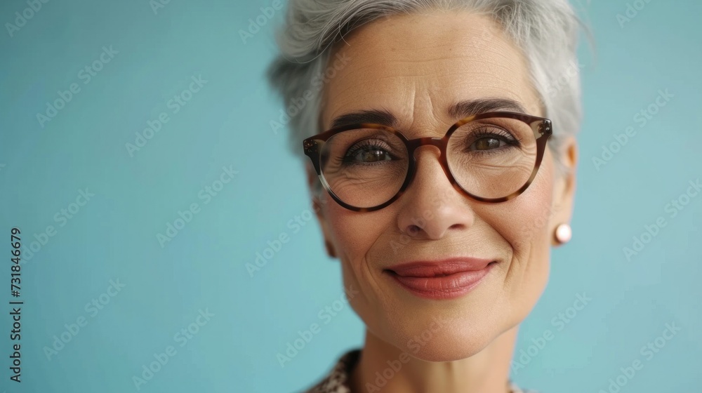 A woman with gray hair wearing glasses and a pearl earring smiling against a blue background. A woman with gray hair wearing glasses and a pearl earring smiling against a blue background.