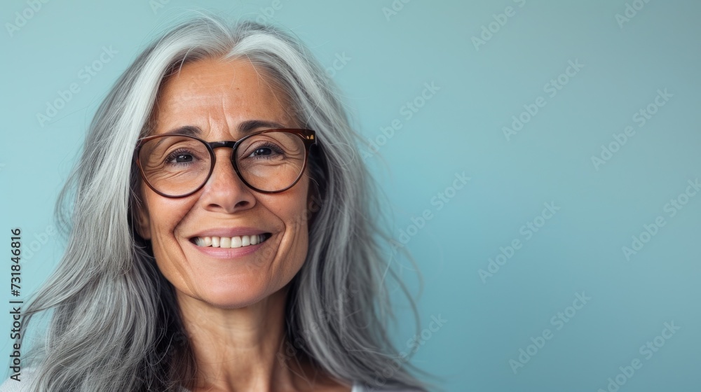 Smiling woman with gray hair and glasses against blue background.