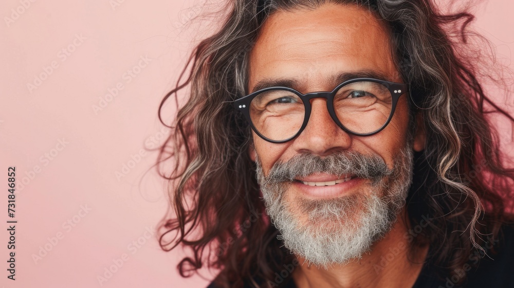 A man with long gray hair and a beard wearing glasses smiling at the camera against a pink background. A man with long gray hair and a beard wearing glasses smiling at the camera against a pink background.