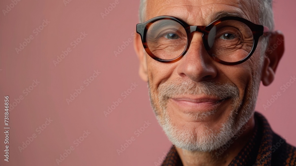 A man with a white beard and mustache wearing round glasses smiling against a pink background. A man with a white beard and mustache wearing round glasses smiling against a pink background.