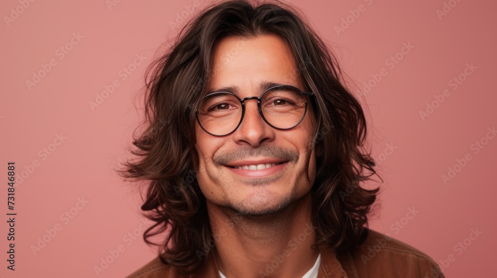 Obraz premium Smiling man with long hair and glasses against a pink background.