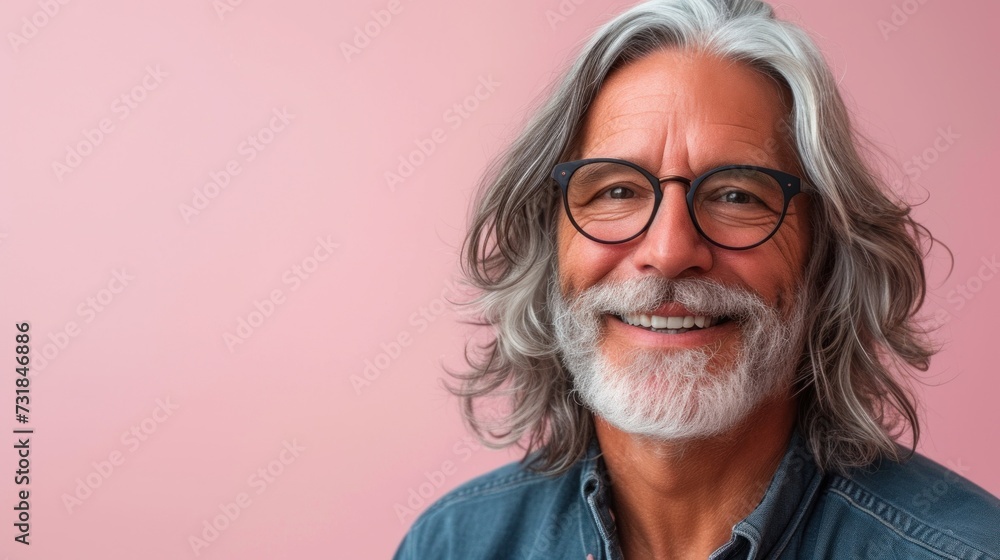 Smiling man with gray beard and hair wearing glasses in blue shirt against pink background.