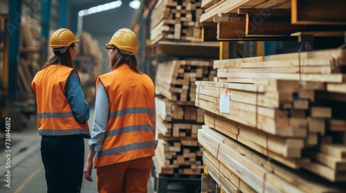 Workers Inspecting Lumber in a Warehouse