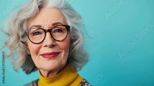 Elegant elderly woman with gray hair wearing glasses smiling and dressed in a yellow turtleneck and patterned top against a blue background.