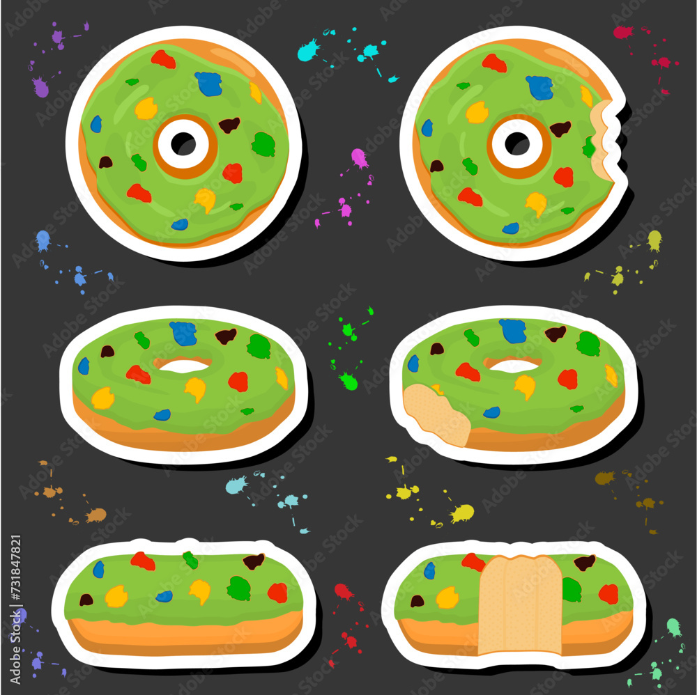 Illustration on theme big set different types sticky donuts, sweet doughnuts various size