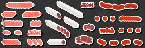 Illustration on theme big set different types delicatessen meat sausages