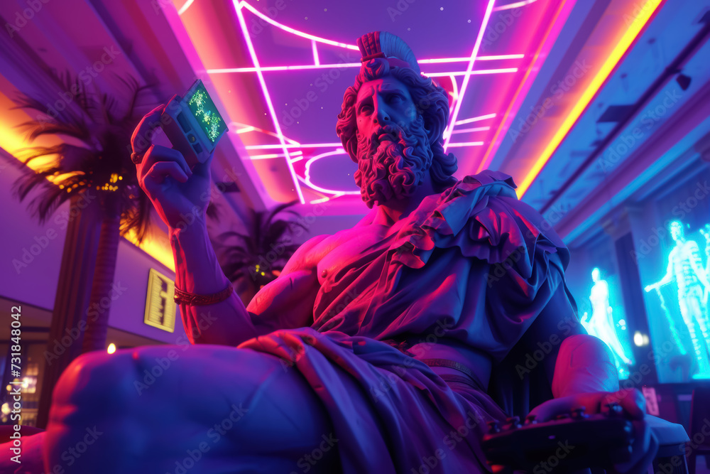Hades, Lord of the Dead, Dominates the Game, A Greek statue of Hades playing an intense video game, against a gaming room with neon light background.