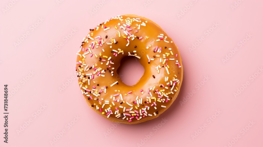 Floury sweet chocolate donut with coconut flakes on a pink background. advertising banner Floury sweet chocolate donut with coconut flakes on a pink background. advertising banner