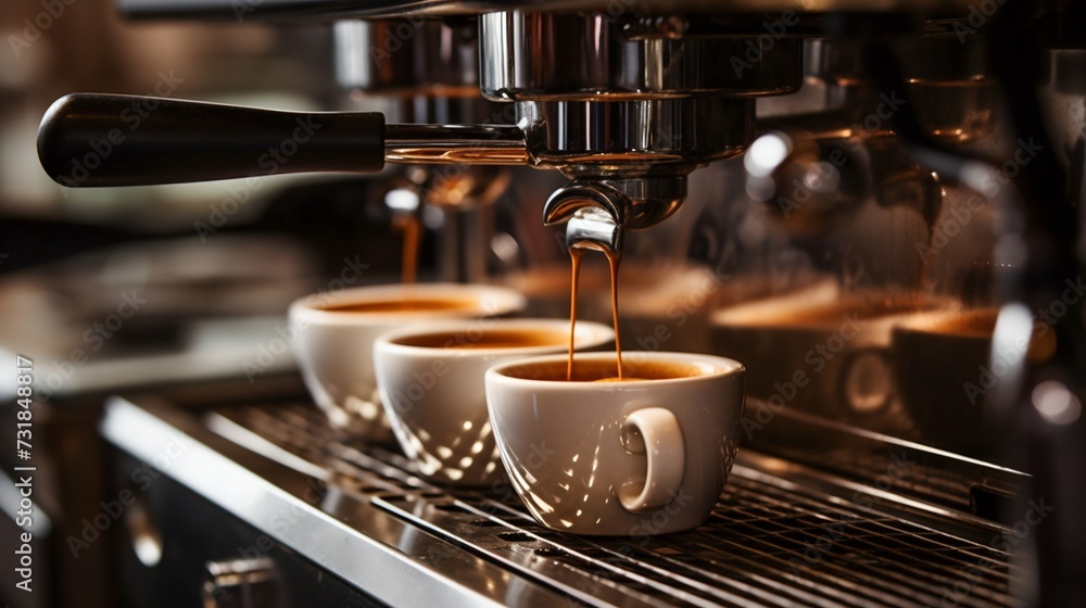 Espresso Machine Pouring Fresh Coffee into a Cup. Generative ai Espresso Machine Pouring Fresh Coffee into a Cup. Generative ai