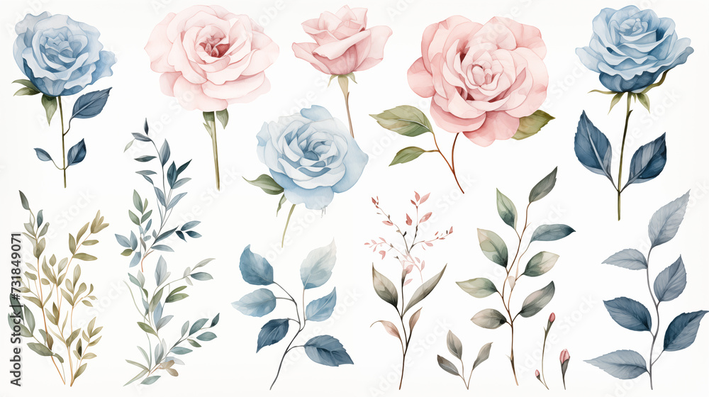 A watercolor floral illustration set featuring delicate blush pink roses, soft blue hydrangeas, and green leaves. 