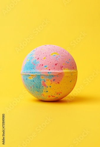 A single colorful bath bomb against yellow background