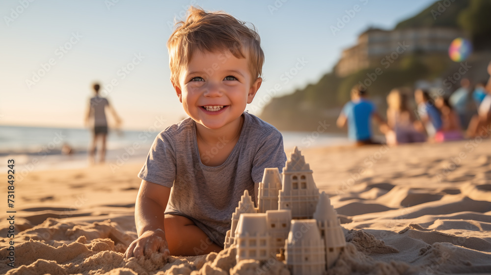 © ZethX - A boy playing in the sand on a sandy beach, building a sandcastle, focused and joyful. © ZethX - A boy playing in the sand on a sandy beach, building a sandcastle, focused and joyful.