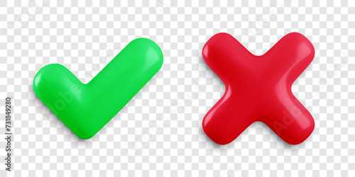 Vector 3d checkmarks icon set on transparent background. Glossy yes tick and no cross buttons with shadow. Green plastic check mark and red X symbol realistic 3d render. Right and wrong sign set