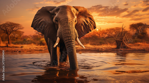 A African elephant bathing in a large  serene waterhole at sunrise. 