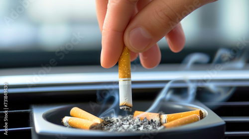 Hand dropping a finished cigarette into an ashtray. Quit smoking concept.