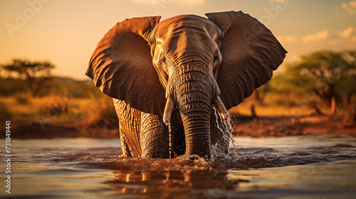 A photography of a African elephant bathing in a large, serene waterhole at sunrise.  © ZethX