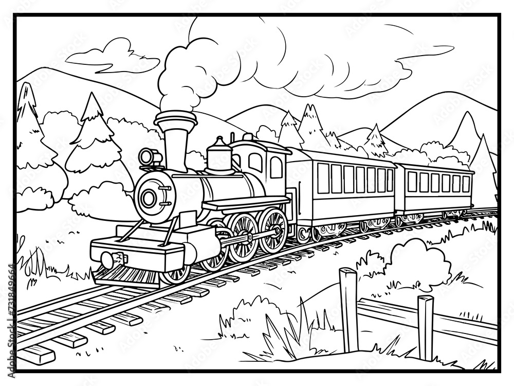 train coloring page for kids hand drawn book illustration