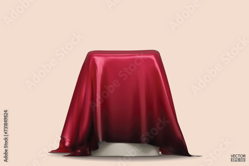 Podium covered with a piece of gradient red to black silk. Realistic box covered with red cloth. Podium for product, and cosmetic presentation. Creative mock-up. 3d vector illustration.