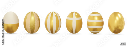 Set of gold easter eggs with pattern collection on white background. 3D Vector isolated illustration. For web, banners, greeting cards, posters, wrapping