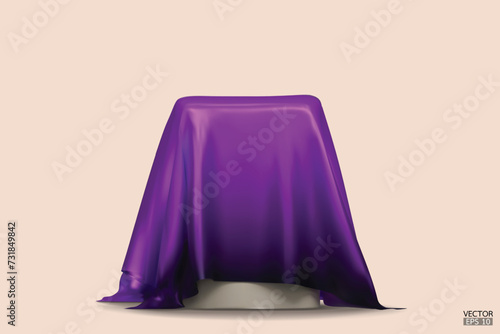 Podium covered with a piece of gradient purple to black silk. Realistic box covered with purple cloth. Podium for product  cosmetic presentation. Creative mock up. 3d vector illustration.