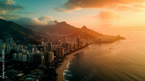 Landscape of a city community next to the sea in the evening in the background.