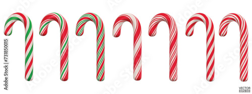 Sweet caramel candy Christmas cane isolated on white background. Striped mint lollipop in christmas colors. 3d vector illustration.