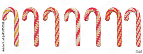 Sweet caramel candy Christmas cane isolated on white background. Red, gold Striped mint lollipop in christmas colors. 3d vector illustration.