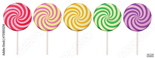 Set of colorful sweet lollipops isolated on white background. 3d realistic, swirl, colored sugar candies on stick. 3D Vector illustration.