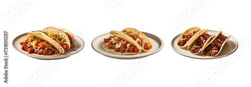 Set of beef tacos on plate for Mexican food on transparent background.