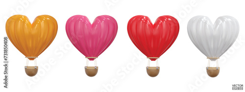 3D Colorful hot air heart balloons with baskets travel isolated on white background. Summer heart balloon journey. 3D vector illustration.