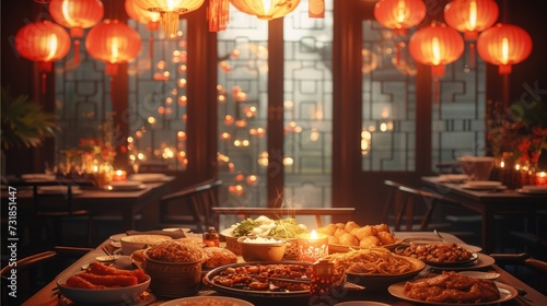 On Chinese New Year's Eve, there is a warm room with a round table filled with sumptuous traditional Chinese food. Red lanterns are hung neatly on the windows. Generative AI.